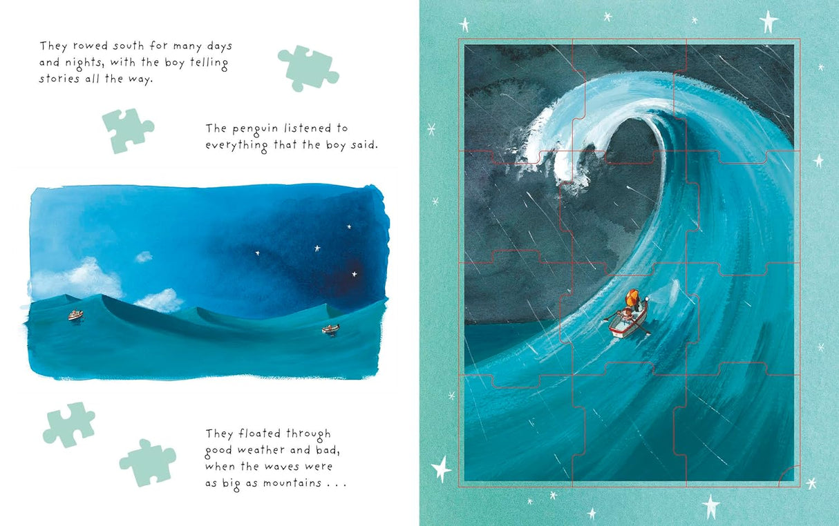 Illustration from Lost and Found Jigsaw Book showing a boy and penguin on a boat navigating huge ocean waves at night.