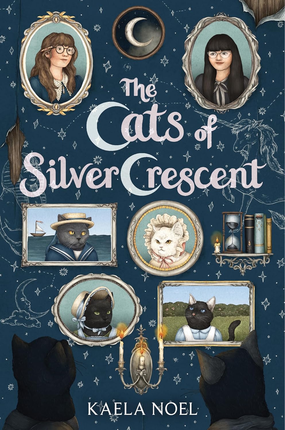 Cover of The Cats of Silver Crescent showing portraits of talking cats and two girls against a starry night background.