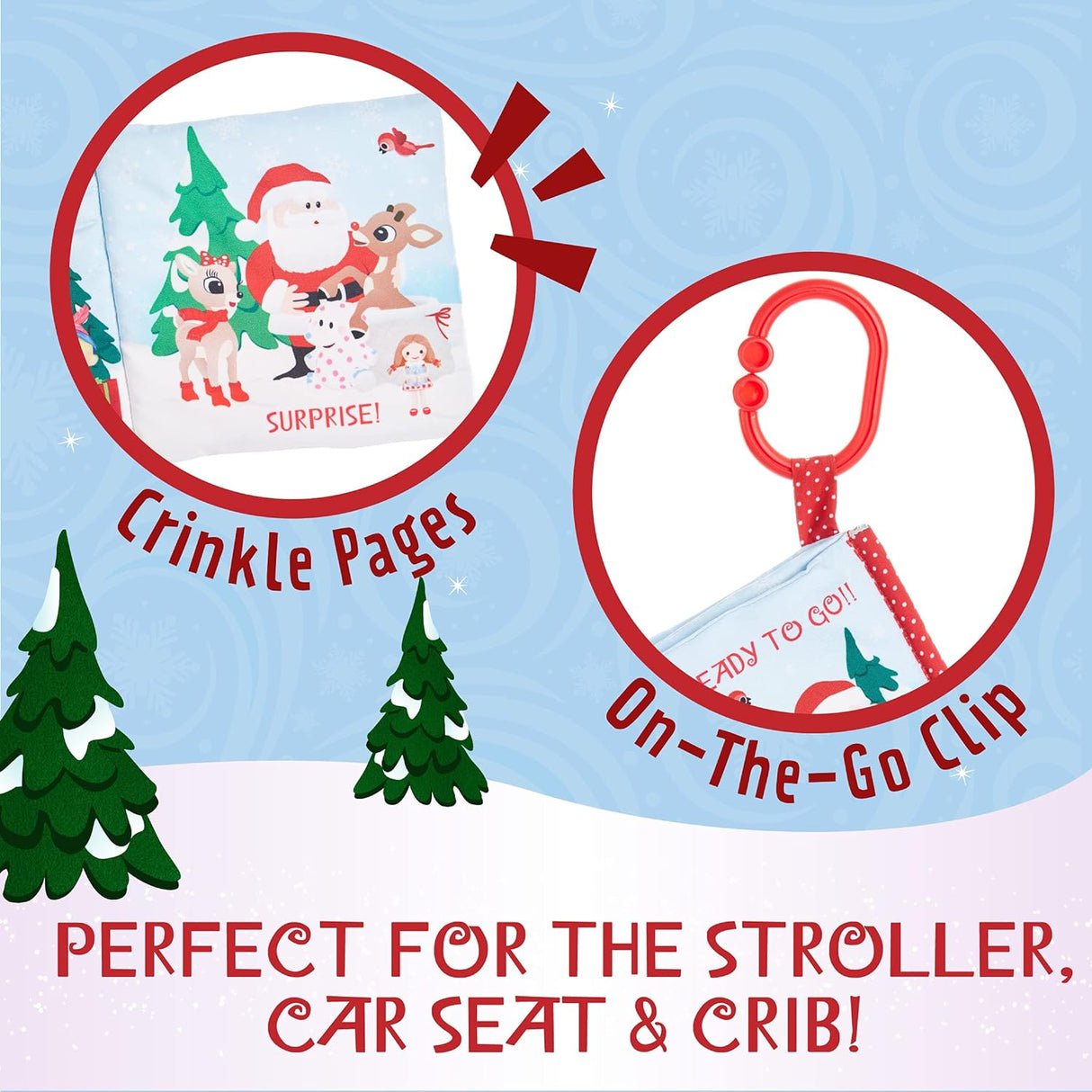 Rudolph | Soft Book with crinkle pages, on-the-go clip, perfect for stroller, car seat, and crib sensory play.