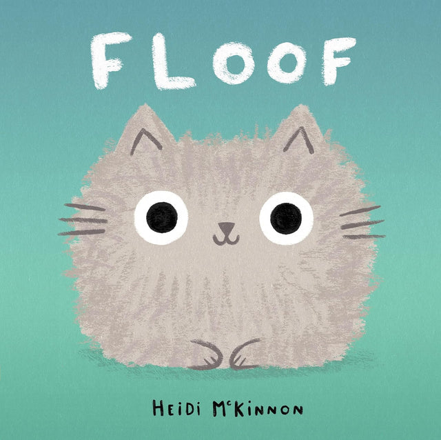 Floof features a fluffy gray cat with big eyes on a teal background, the playful cover of the Floof picture book.