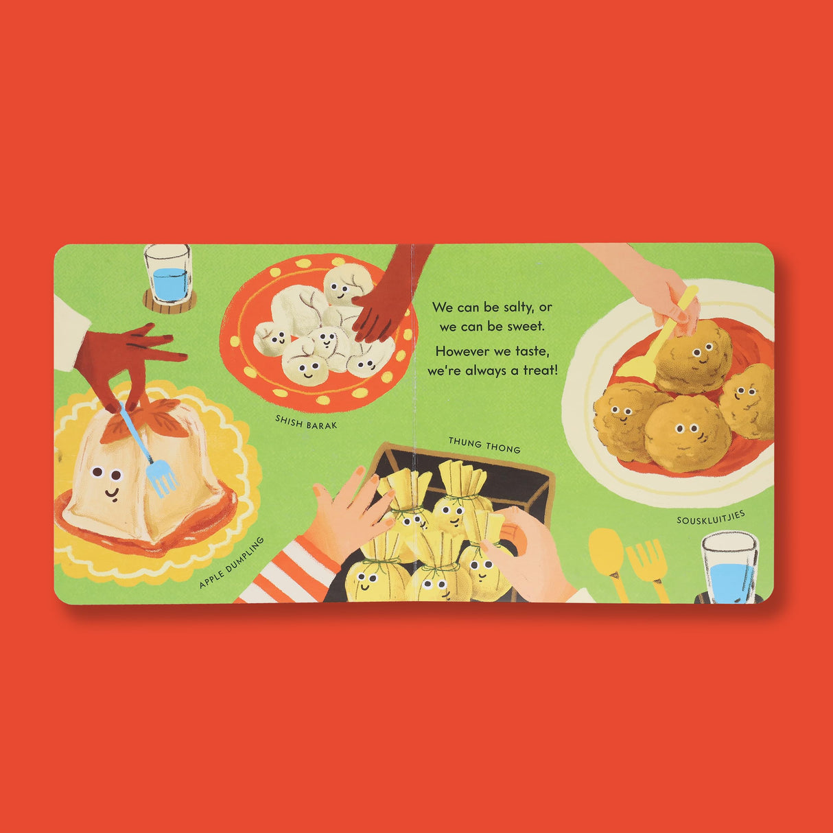 Open spread of Little Dumplings board book showing colorful illustrations of dumplings with faces and children’s hands reaching in.