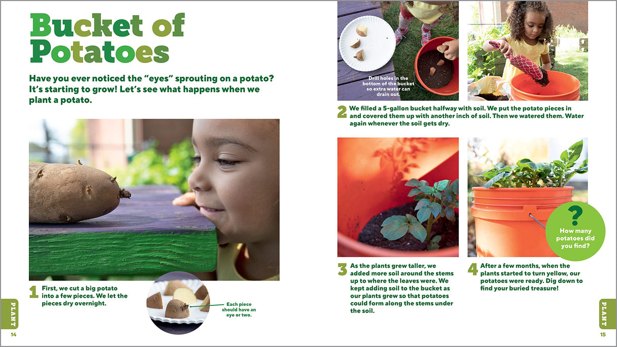 We Garden Together: Projects for Kids showing step-by-step potato planting activities with children exploring gardening.