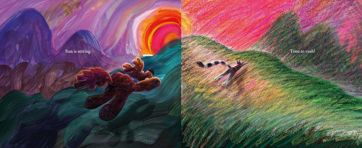 Two Together book illustration showing a cat and dog exploring colorful hills at sunset and sunrise.