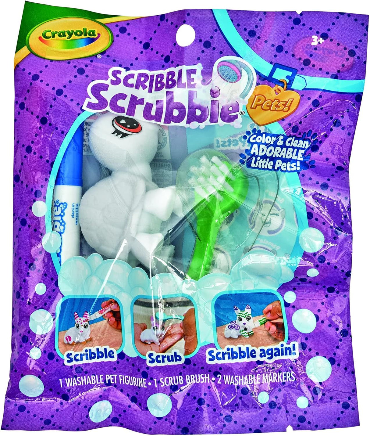 Scribble Scrubbie Pet with washable figurine, scrub brush, and two markers for coloring and re-coloring fun.