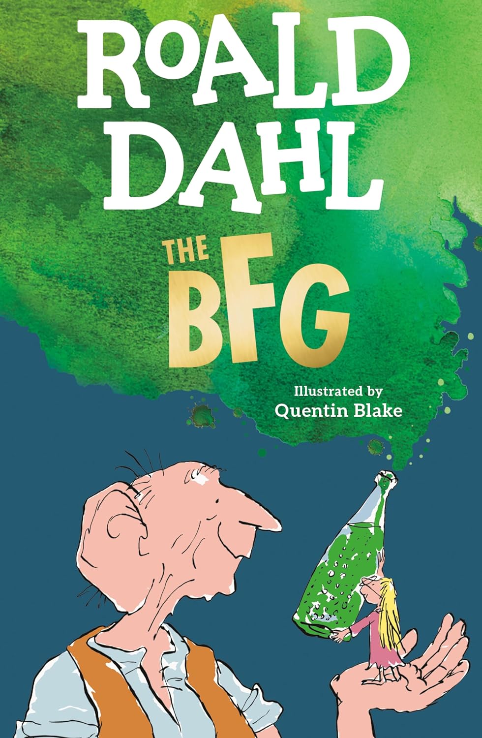 Cover of The BFG by Roald Dahl featuring the friendly giant holding a small girl with green watercolor background.