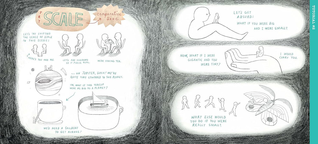 Drawing Is...Your Guide to Scribble Adventures shows playful sketches exploring size, scale, and imaginative drawing concepts.