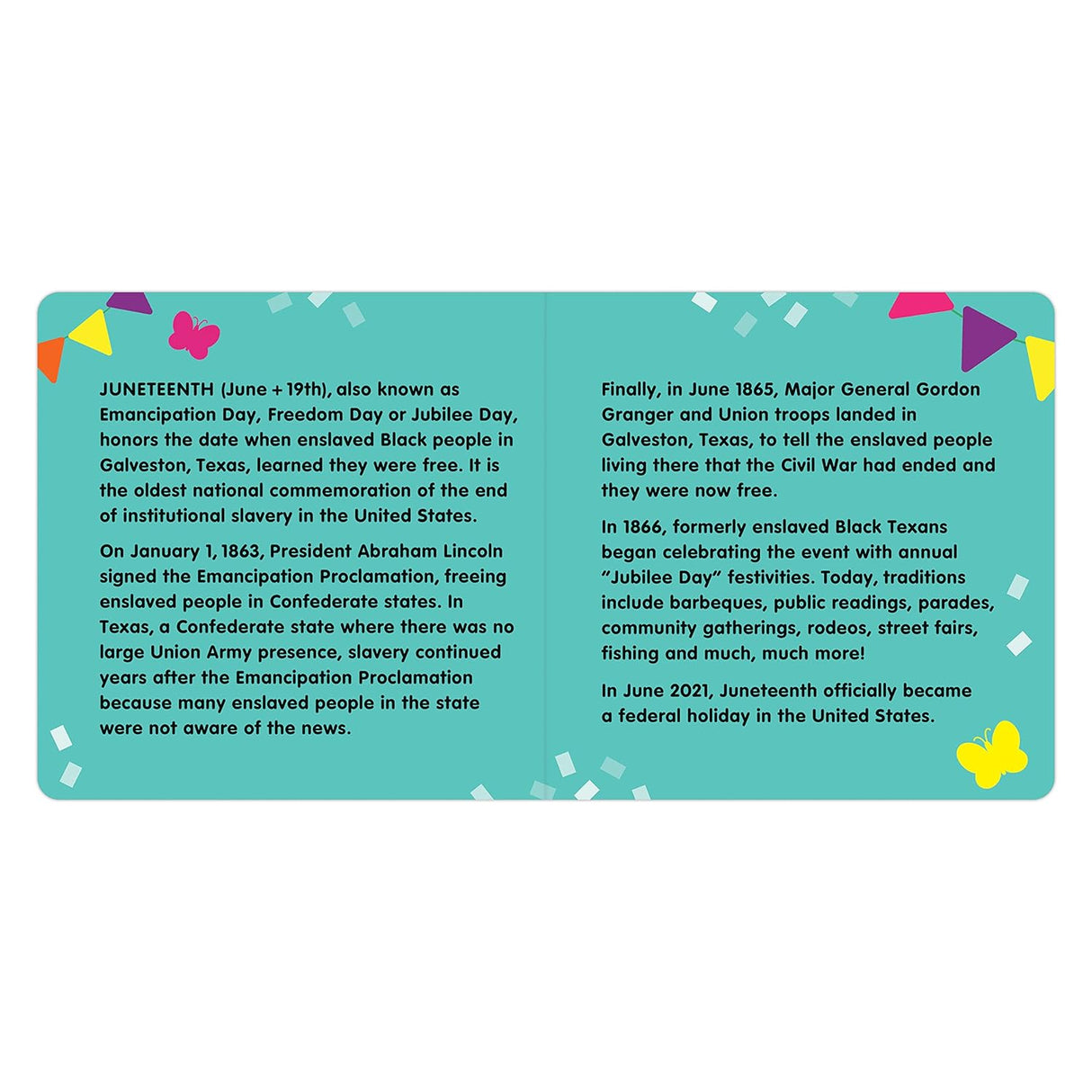Let's Celebrate Juneteenth board book page explaining Juneteenth history with colorful shapes and text.