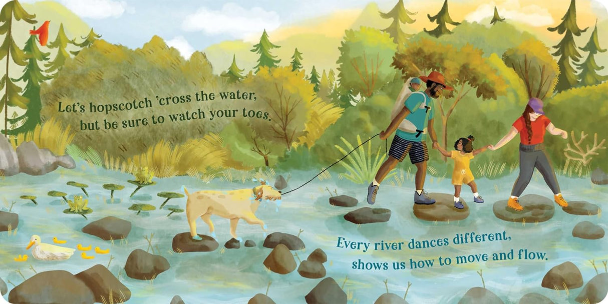 The Great Outdoors board book shows a family hiking and crossing a river with their dog in a colorful forest setting.