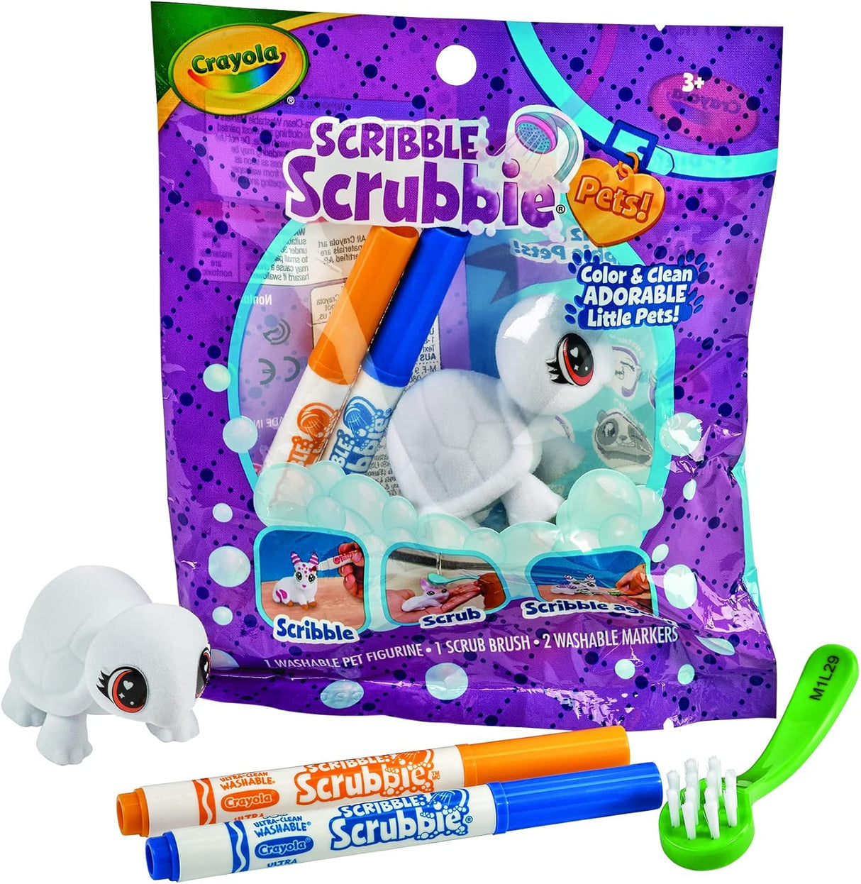 Scribble Scrubbie Pet with white turtle, two washable markers, and a green scrub brush in packaging.