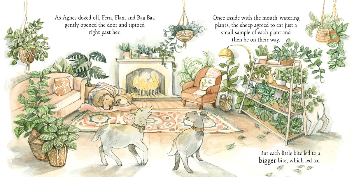 Illustration from Agnes and the Sheep showing a Great Dane and three sheep exploring a cozy living room with plants and a fireplace.
