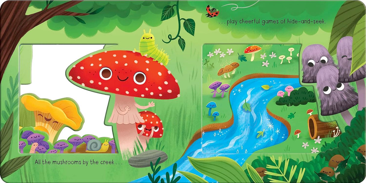 Meet the Mushrooms board book showing cheerful mushroom characters by a creek with playful forest scenes.
