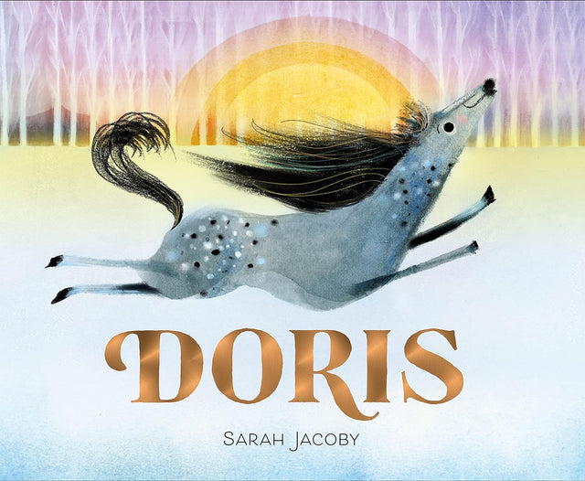 Doris product image showing a joyful, running horse with a flowing mane against a colorful sunrise background.