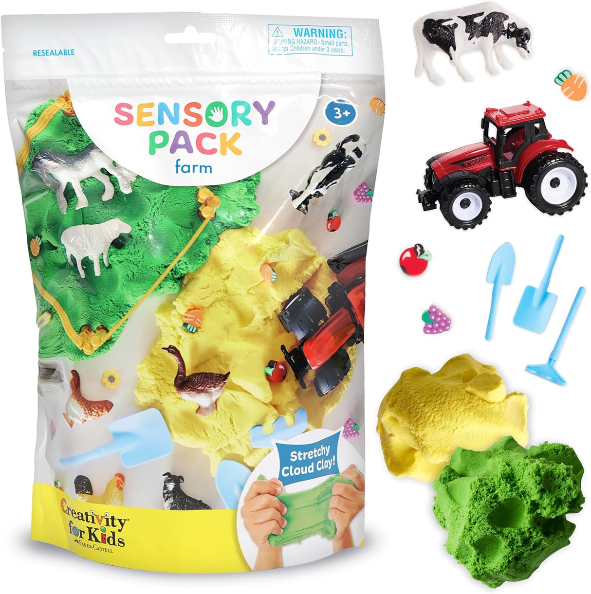 Sensory Pack Farm with stretchy cloud clay, farm animals, tractor, and gardening tools for hands-on toddler play.