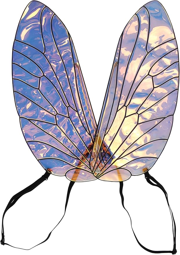 Holographic Bee Wings with iridescent polyester vinyl and adjustable elastic straps for a vibrant insect costume accessory.