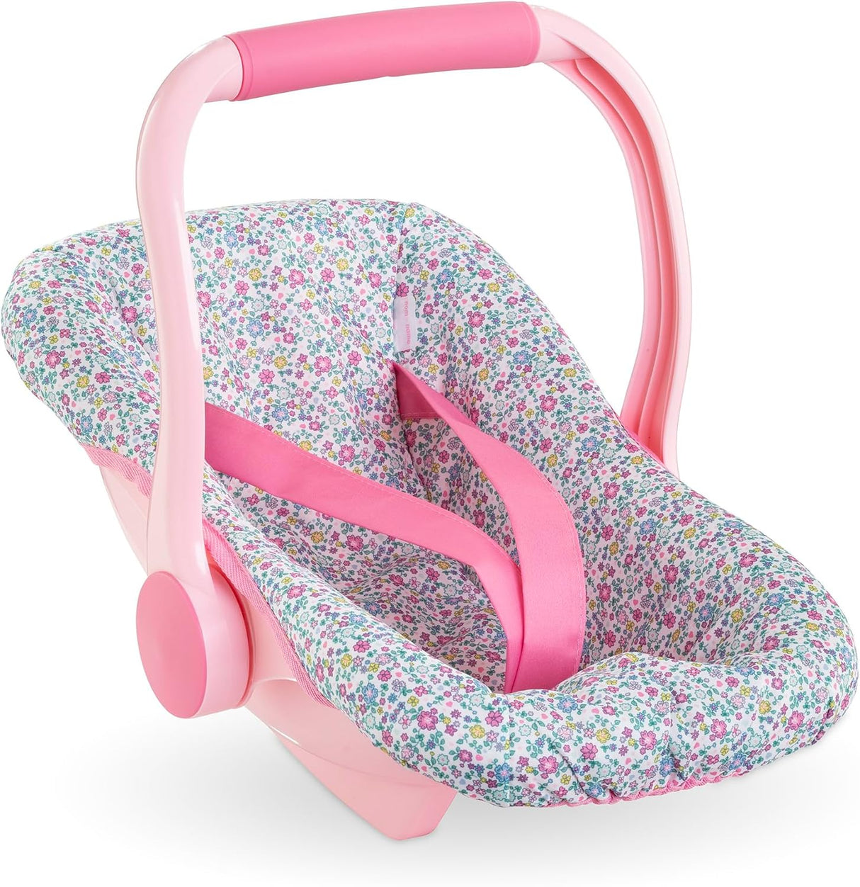 Pink floral patterned doll car seat carrier with secure straps and comfortable handle for imaginative play.