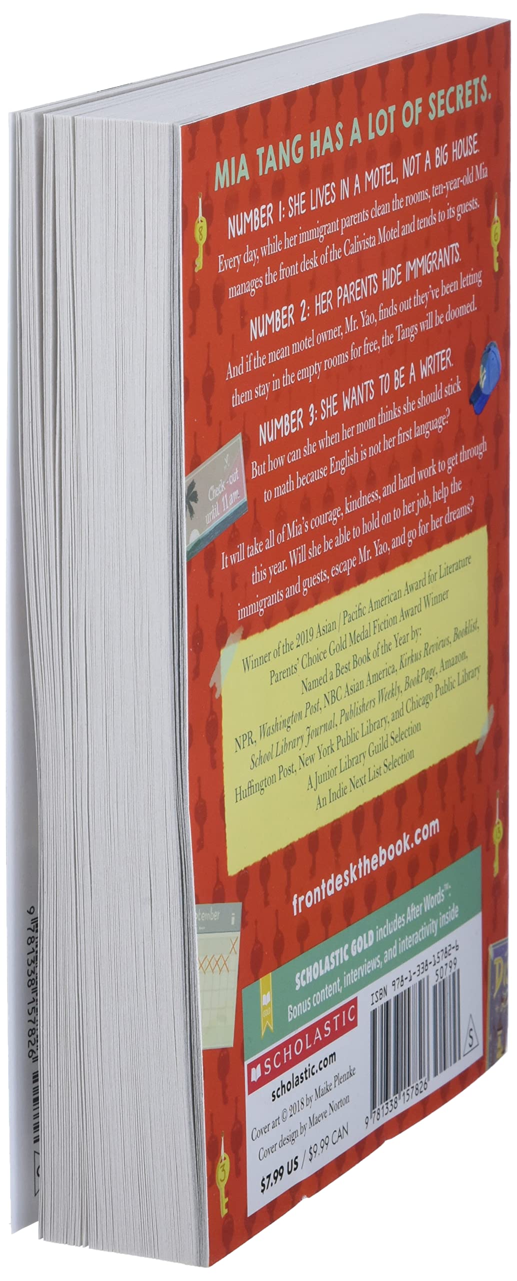 Front Desk book showing the back cover with summary about Mia Tang’s story managing a motel front desk.