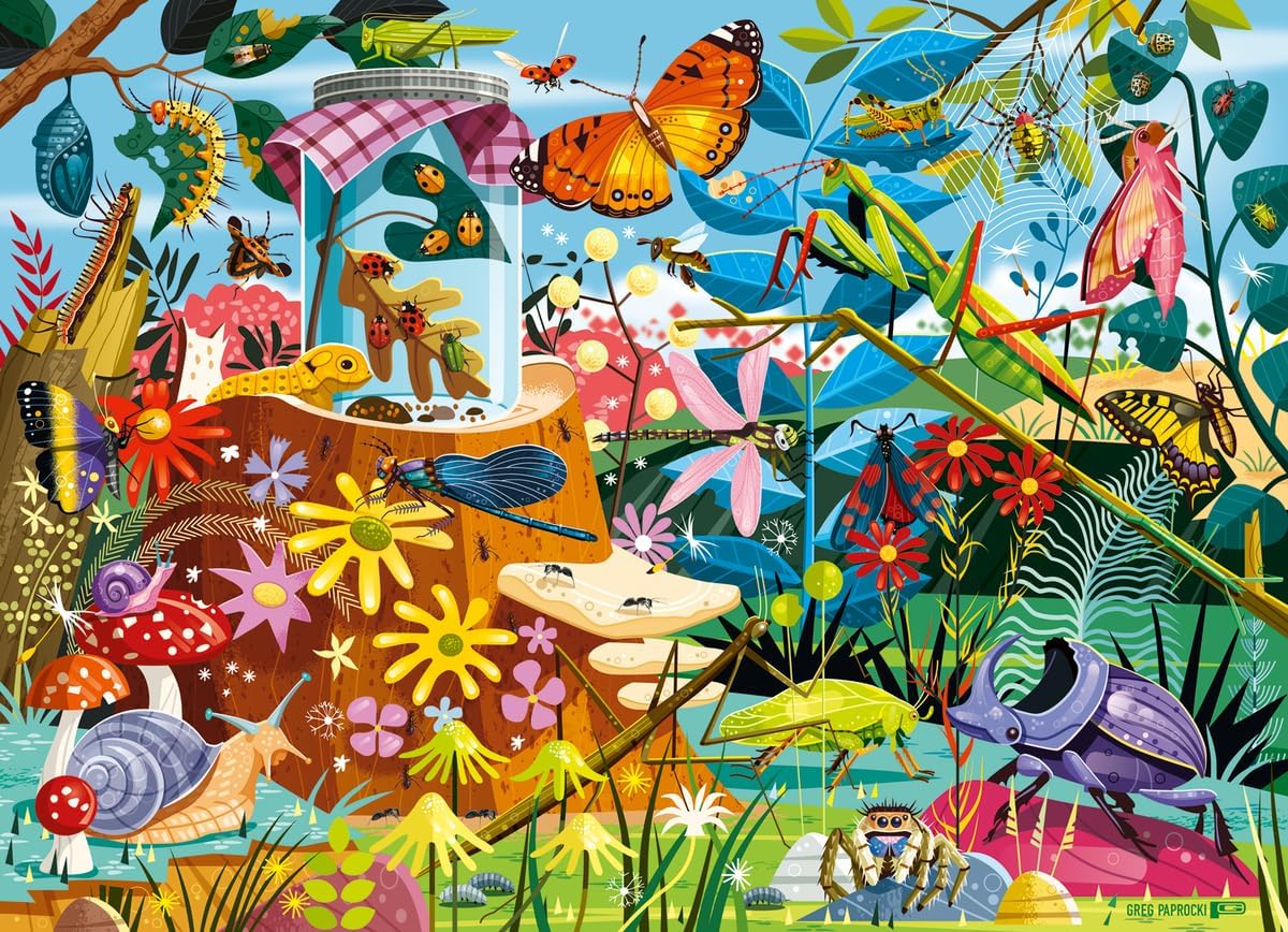 60pc Backyard Bug World Puzzle featuring colorful insects, flowers, and bugs in a vibrant outdoor scene by Greg Paprocki.