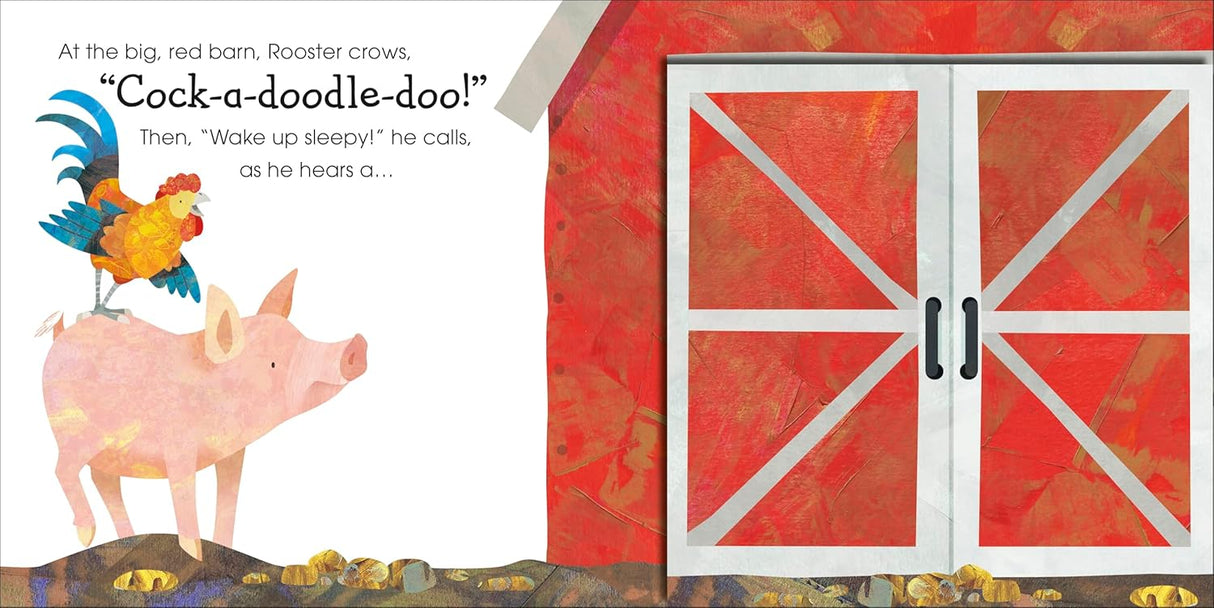 Illustration of a rooster crowing on a pig beside a red barn door in a children’s farm book scene
