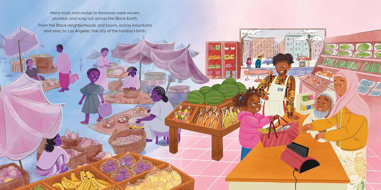 Illustration of a vibrant market scene with diverse people shopping and selling fresh produce during Kwanzaa celebration.