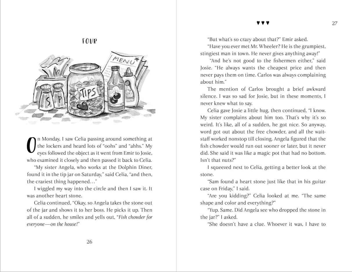 Illustration from Heart Stones showing Gale and Celia discovering heart-shaped stones in a magical realism mystery novel for kids.