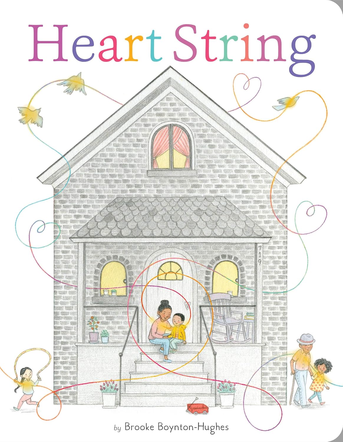 Illustration of a gray house with colorful heart-shaped strings connecting family and neighbors warmly together