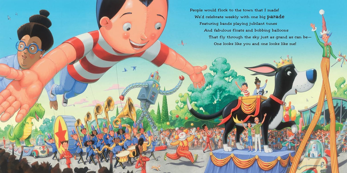 Illustration from If I Built a Town showing a joyful parade with a giant boy, band, animals, and lively townspeople celebrating.