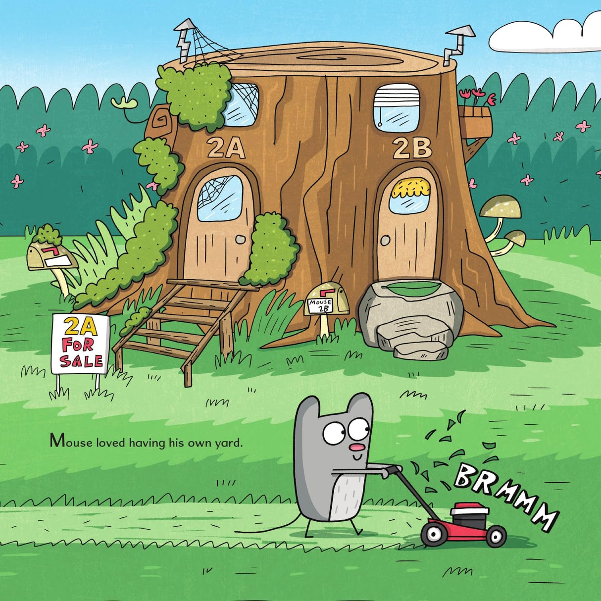 Illustration from Shared Space showing Mouse mowing lawn in front of tree stump house with doors 2A and 2B.