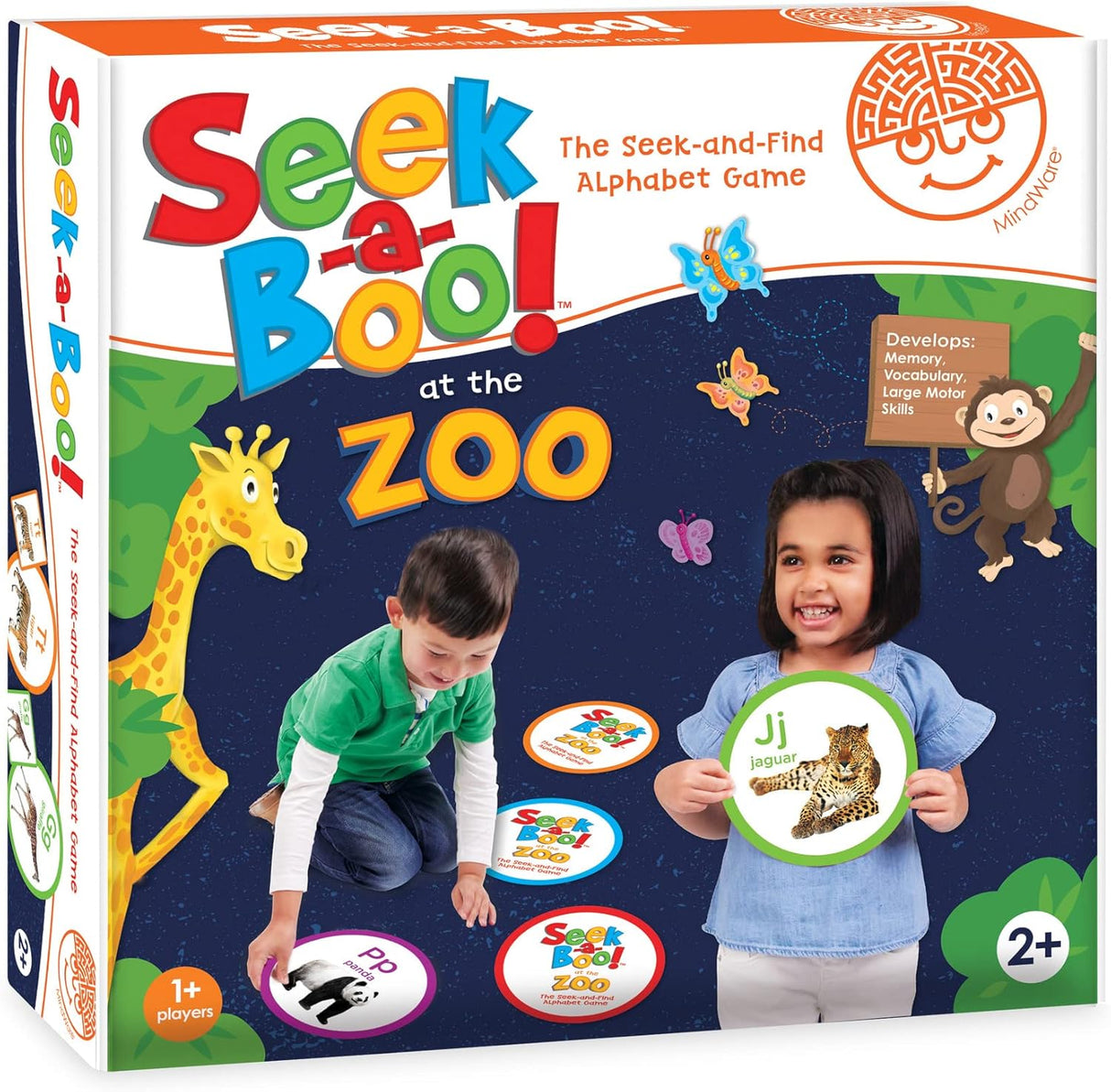Seek a Boo at the Zoo game box showing children playing with colorful animal and alphabet matching cards.