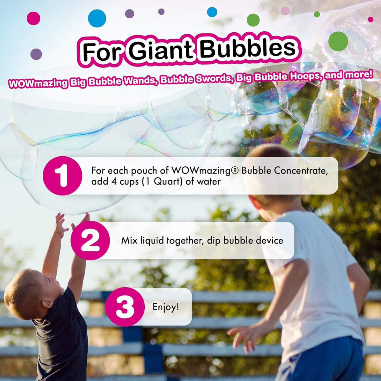 WOWmazing Bubbles Concentrate Refill 3 Pack with instructions for making giant bubbles for kids’ outdoor fun.