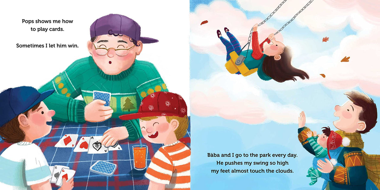 Daddy and Me board book illustration showing children playing cards and swinging at the park with their dads.