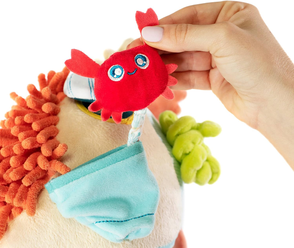 Hand holding a red crab plush from the Sensorial Reef baby toy featuring soft coral and marine elements.