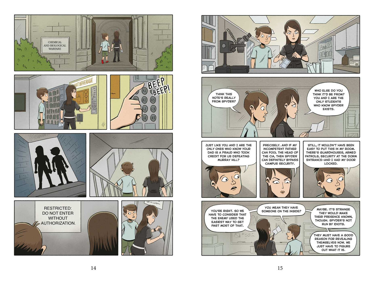 Spy Camp the Graphic Novel page showing middle schooler Ben in secret camp training and uncovering enemy spy infiltration.