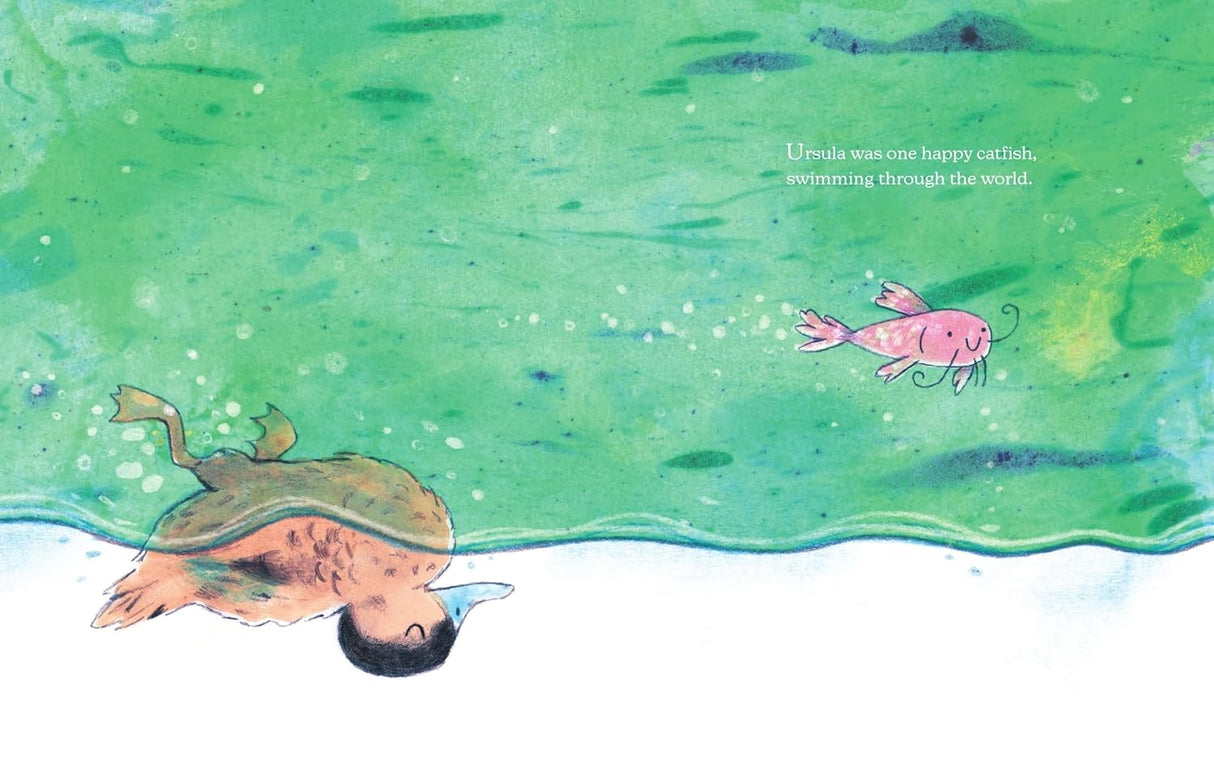 Illustration from Ursula Upside Down showing a happy catfish swimming in a shimmering river with a green watery background.