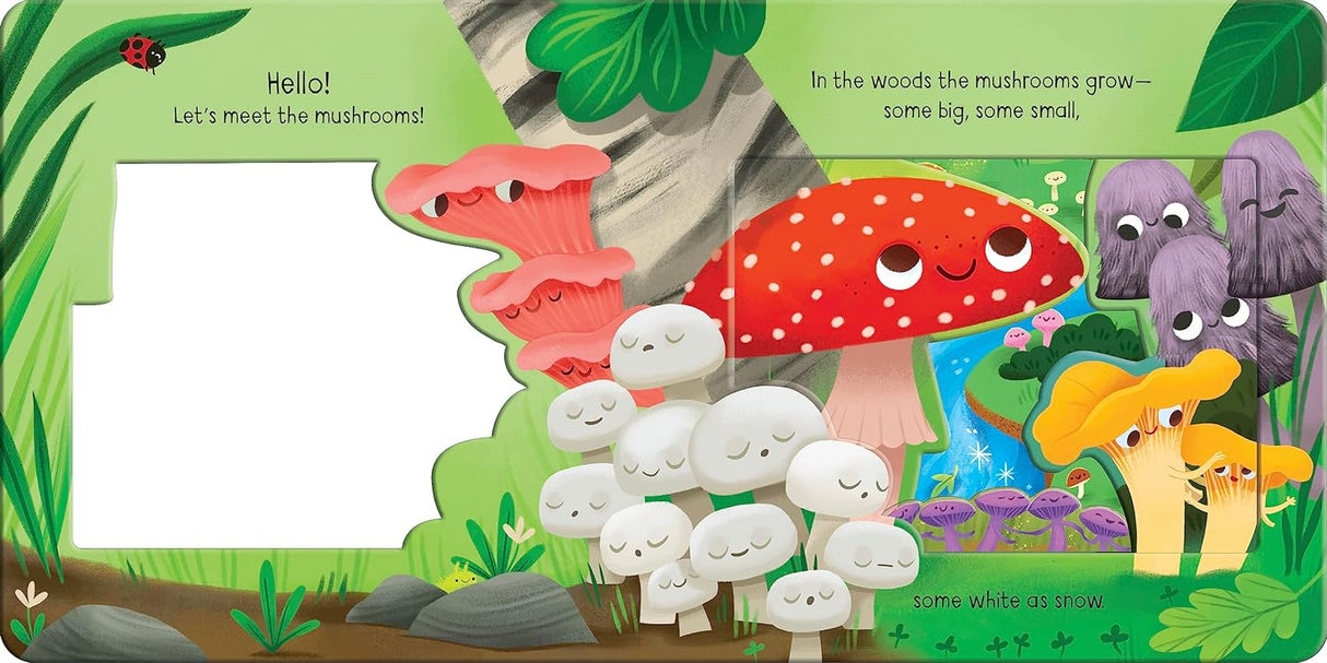 Meet the Mushrooms board book page with layered die cuts showing cute illustrated mushrooms in a green forest setting.
