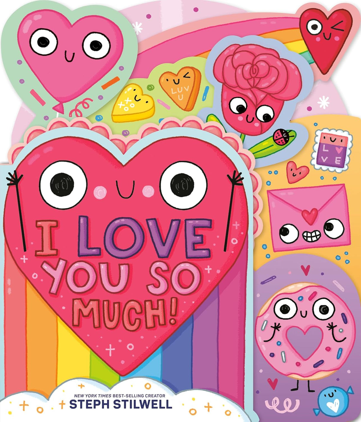 Colorful heart-shaped characters and cheerful illustrations with playful text saying I Love You So Much on a bright background