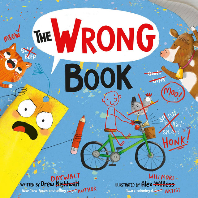 Cover of The Wrong Book showing bright illustrations of a yellow crayon, cat, cow, and a stick figure on a green bicycle.