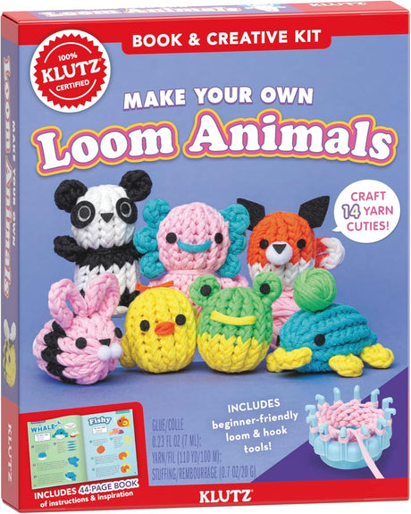 Make Your Own Loom Animals kit with colorful knitted animal figures and beginner-friendly loom and hook tools.