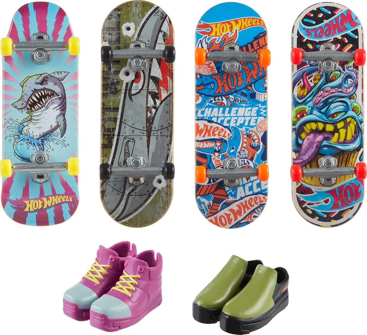 Hot Wheels Skate Multipack with four colorful fingerboards and two detachable sneaker attachments for skate tricks.