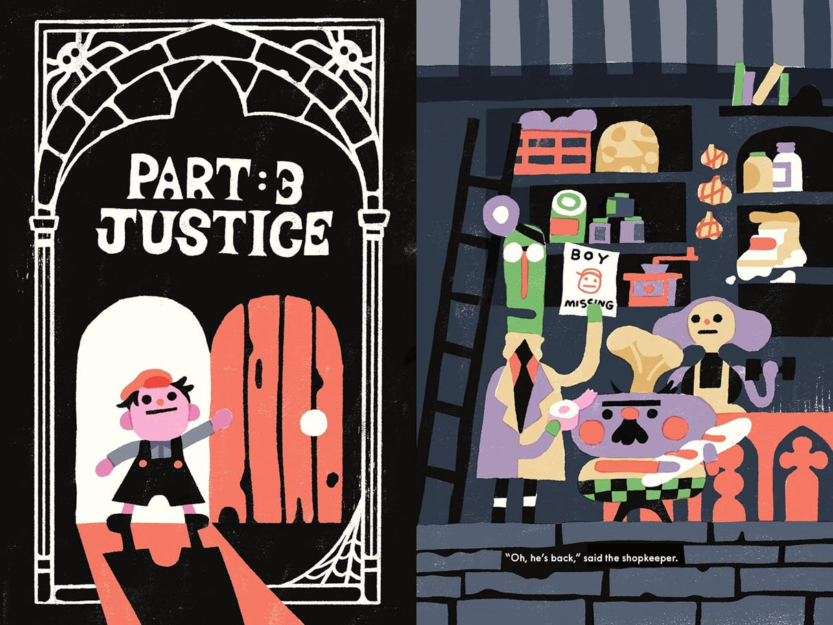 Spider in the Well shows a bold character entering a door labeled Part 3: Justice, with a busy shop scene inside.