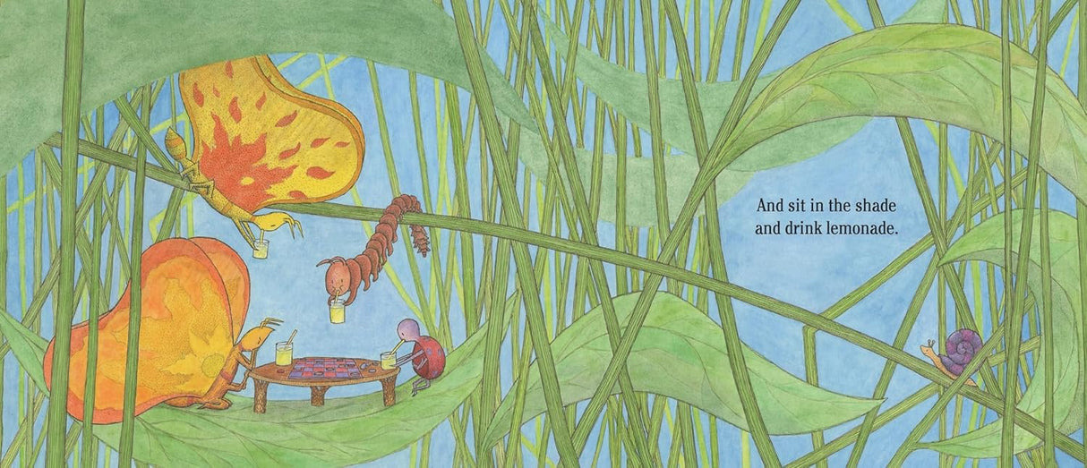 Illustration from Mushroom Lullaby showing insects enjoying lemonade at a tiny table among tall grass and leaves.