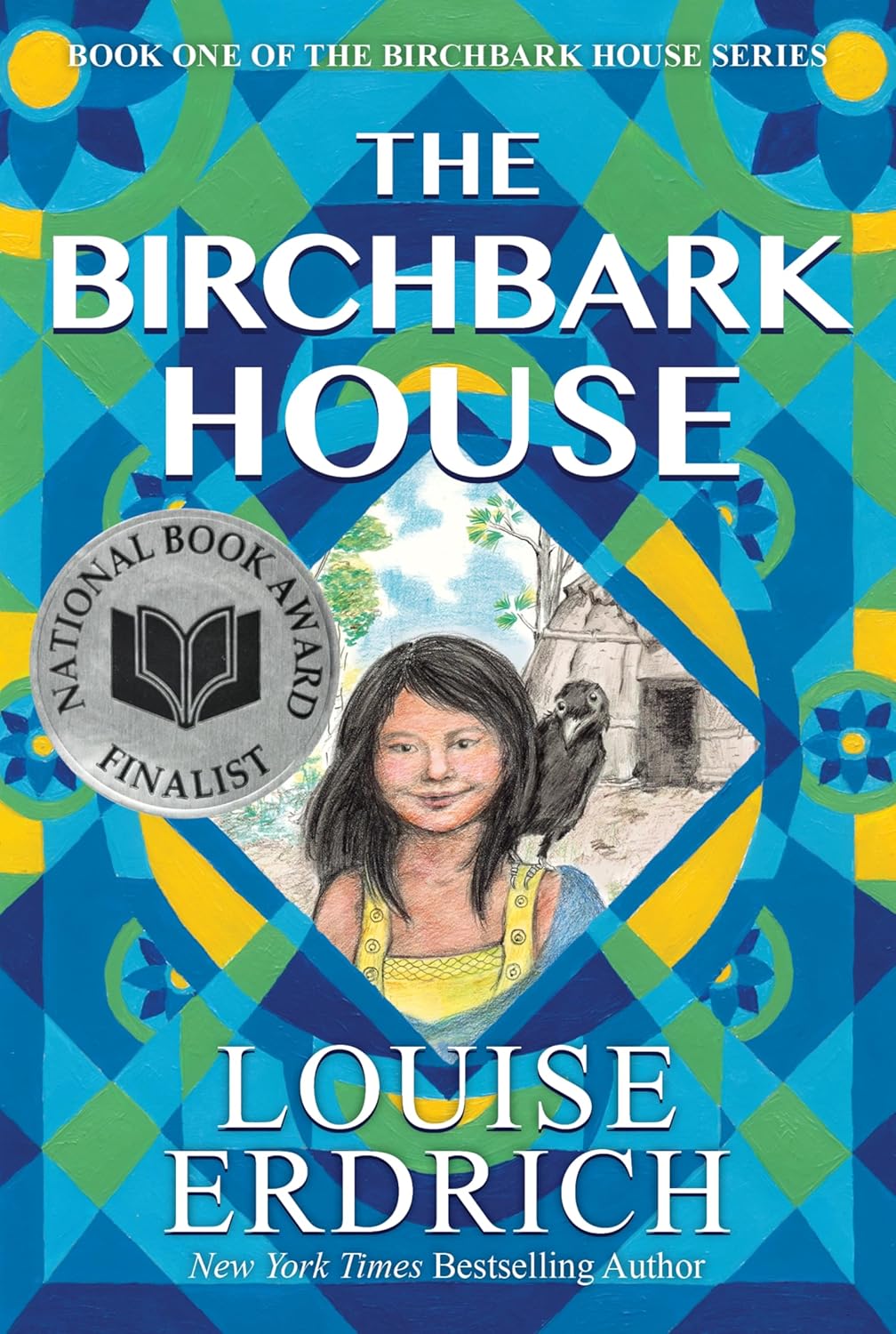 The Birchbark House book cover with a girl and a black bird framed by colorful geometric patterns.
