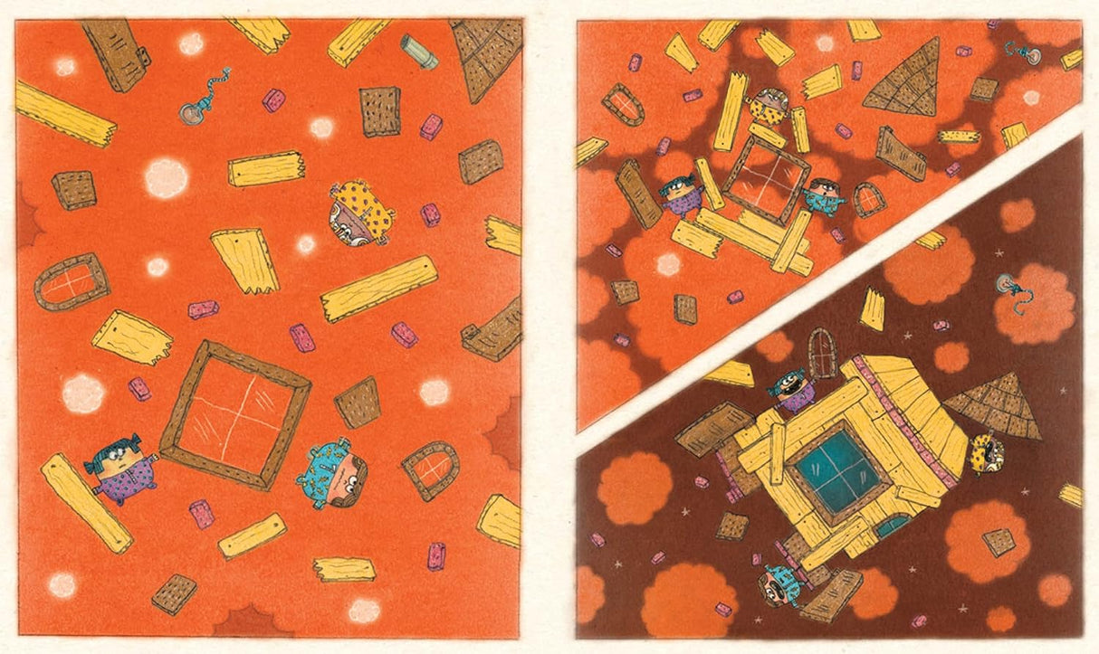 Illustration from Go-Go Guys showing playful characters building with scattered wooden blocks on a vibrant orange background.