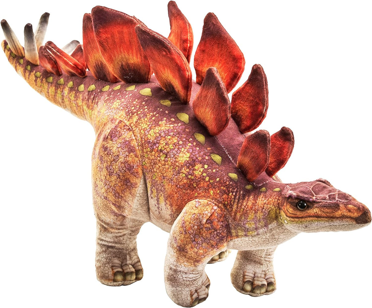 Stegosaurus plush toy with detailed red plates and textured body, made from recycled materials, 15 inches tall.