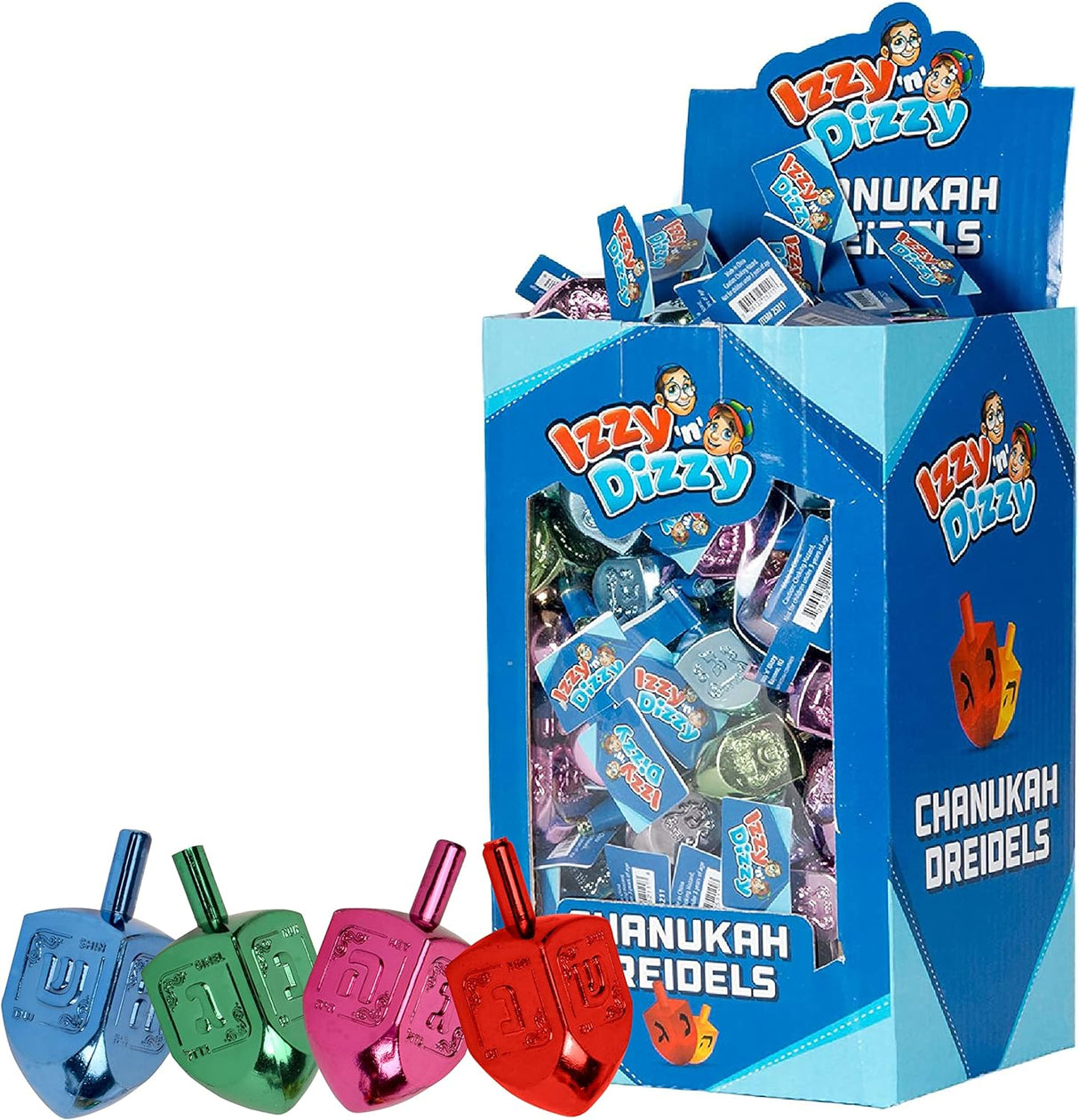 Dreidel | Metallic Plastic in blue, green, pink, and red colors with traditional Hebrew letters and display box.