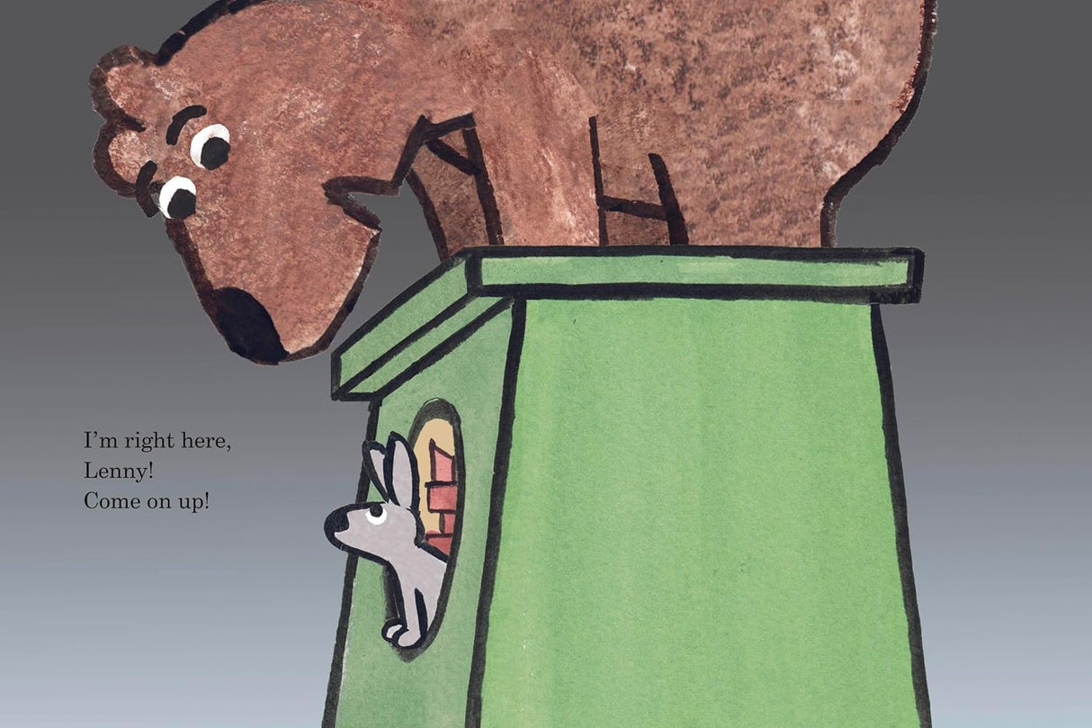 George and Lenny Are Always Together shows a bear encouraging a rabbit from above a green structure in a friendly scene.