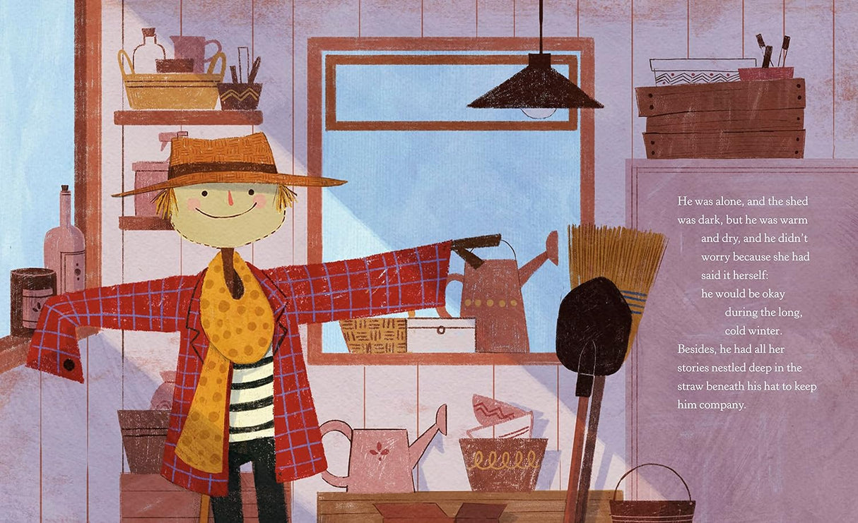 Illustration from Hopefully the Scarecrow showing a smiling scarecrow standing in a cozy garden shed with gardening tools.