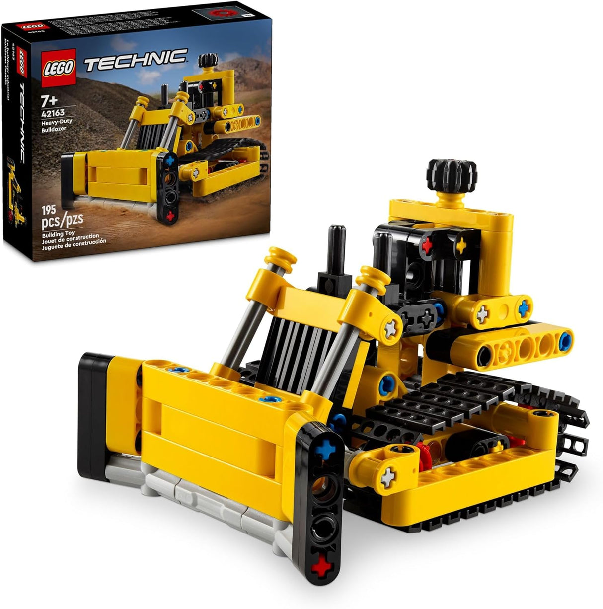 LEGO Technic Heavy-Duty Bulldozer toy set showing yellow bulldozer model with movable blade and tracks.