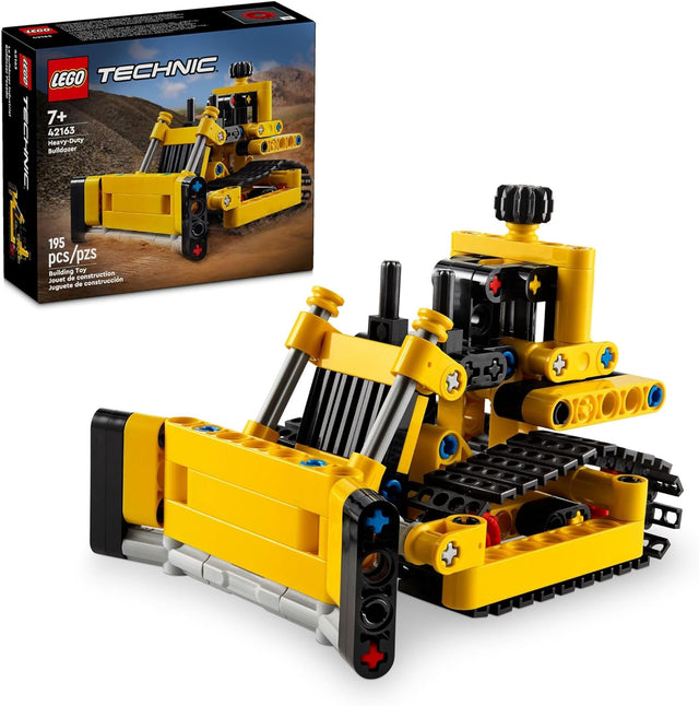 LEGO Technic Heavy-Duty Bulldozer toy set showing yellow bulldozer model with movable blade and tracks.