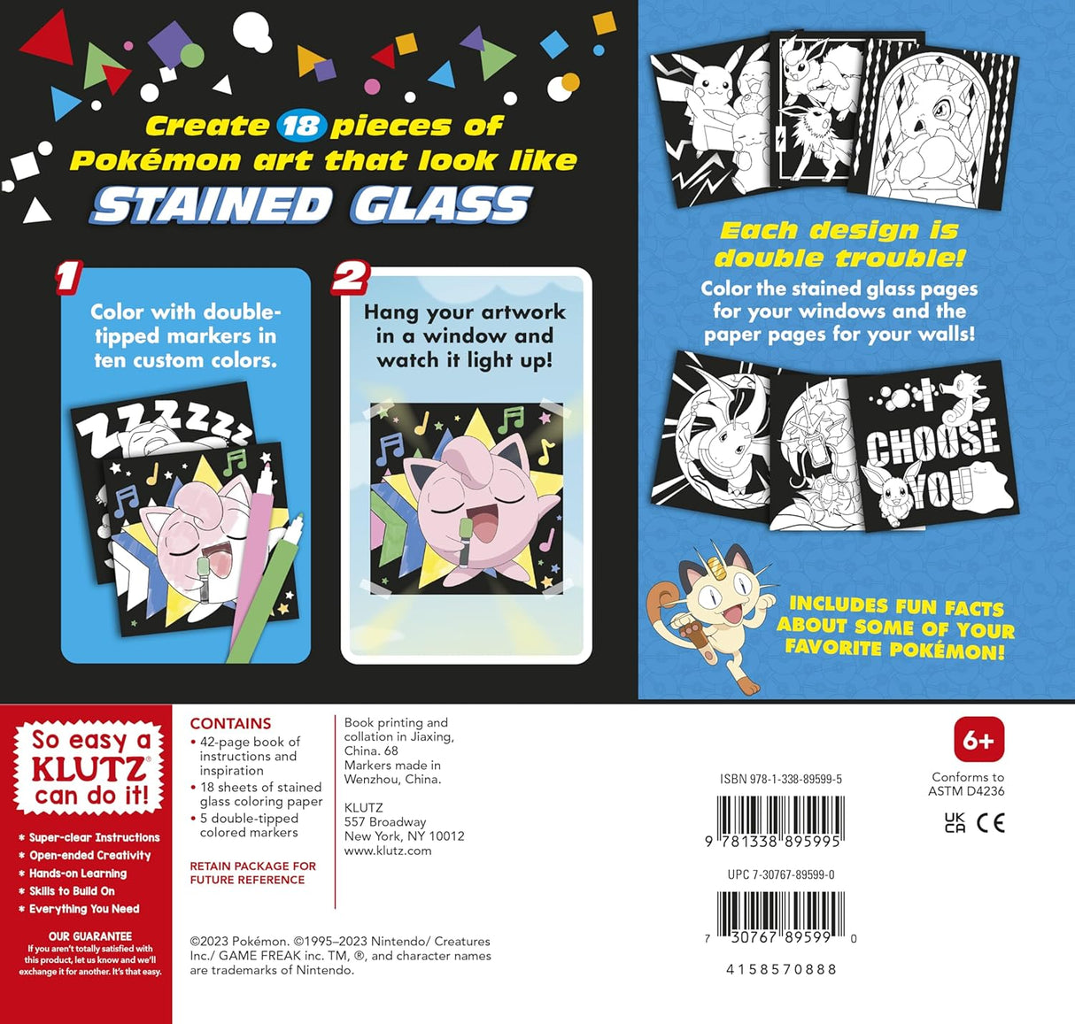 Pokemon Stained Glass Art kit with 18 printable designs, markers, and fun facts featuring Pikachu, Eevee, and Charizard.