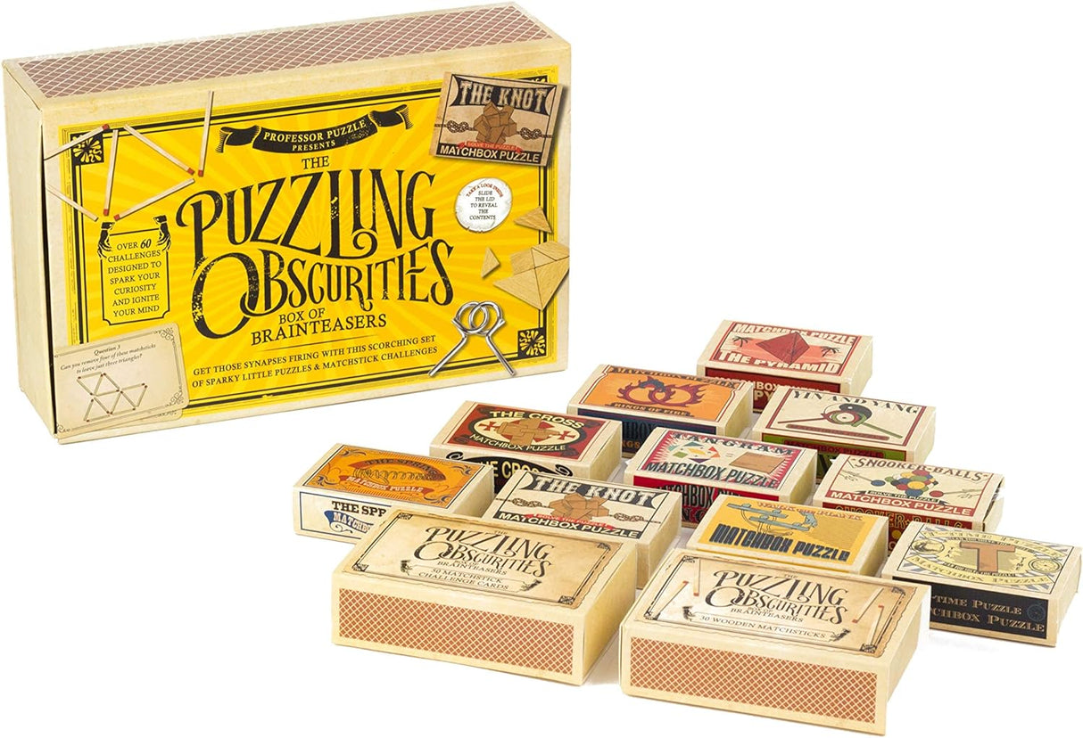 Puzzling Obsurities Matchbox Puzzle set with 10 unique pocket-sized brainteasers in vintage-style boxes.